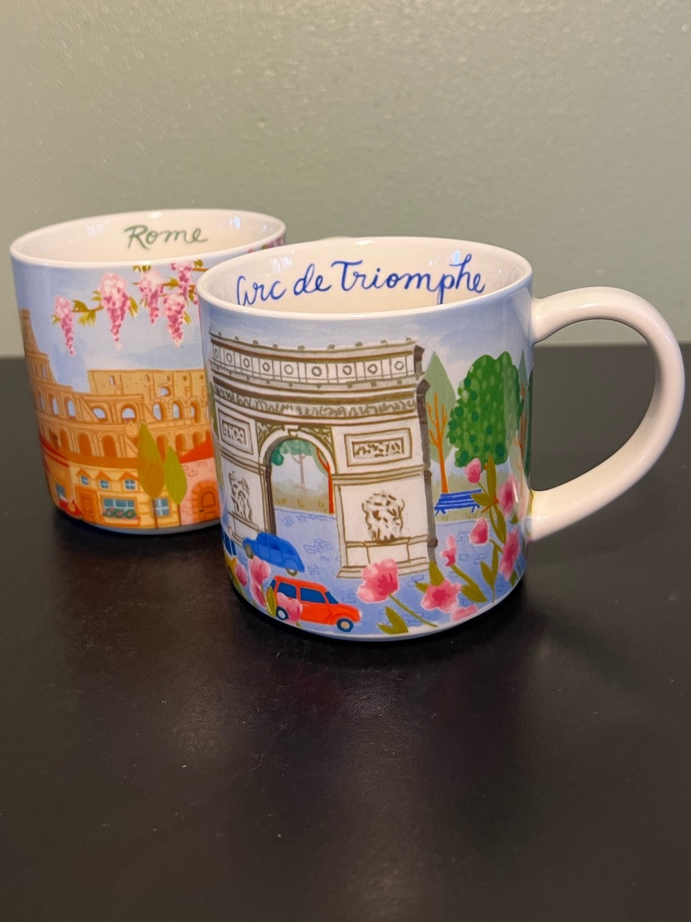 Sur La Table Stoneware Coffee Mugs Arc de Triomphe Paris Colosseum Rome Set of 2